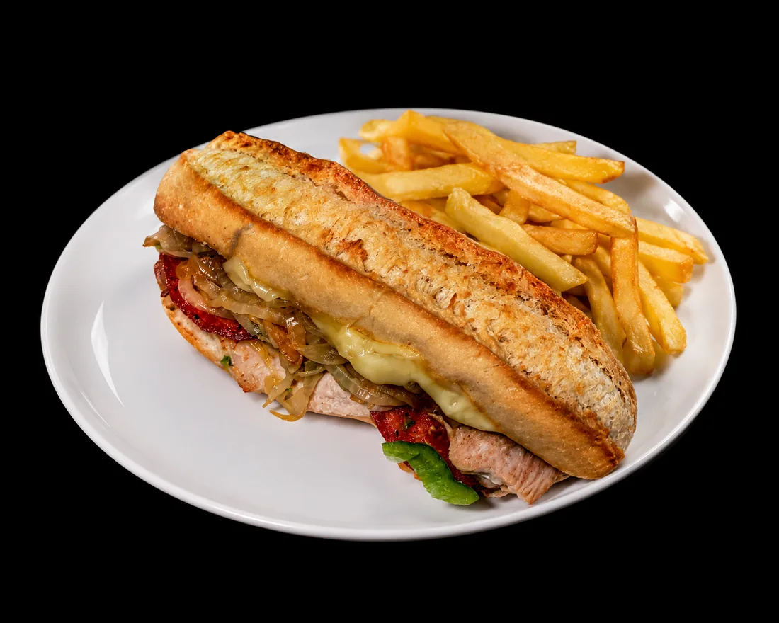 Bocadillo de lomo con queso y patatas