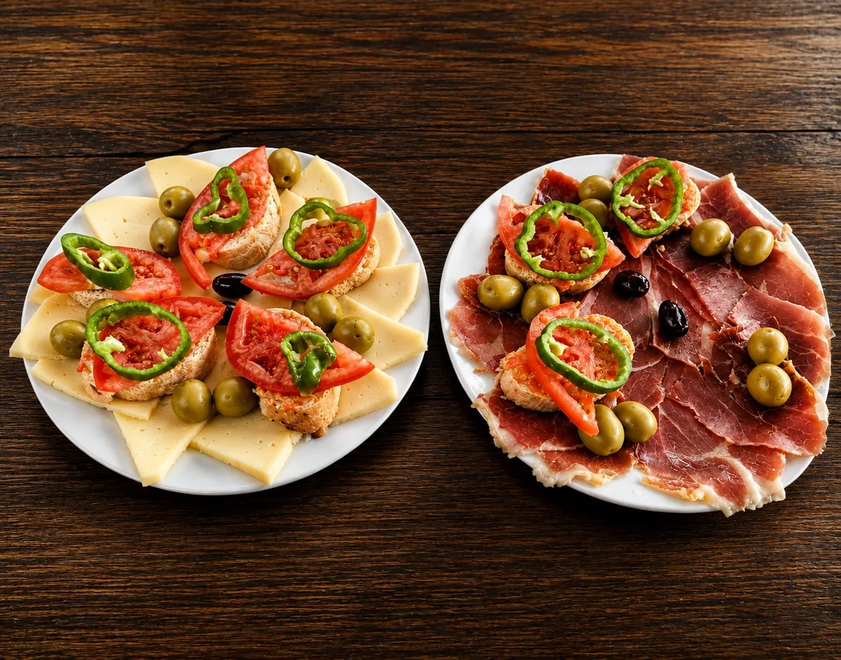 Tablas de queso y jamón con tomate, aceitunas y guindillas