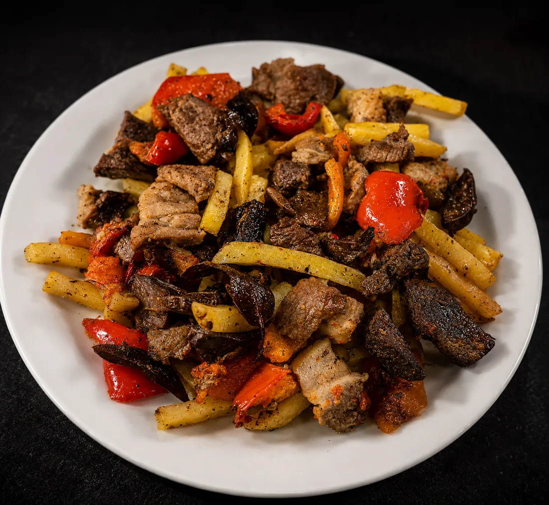 Ración de carne con patatas, especialidad de la casa